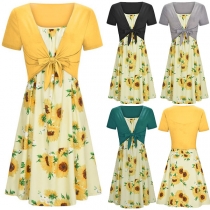Fashion Short Sleeve Lace-up Top + Sling Printed Dress Two-piece Set