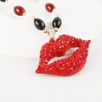 Retro Style Rhinestone Red-lip Pendant Beaded Sweater Necklace