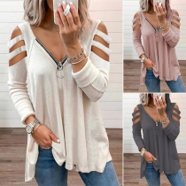 Sexy Off-shoulder Long Sleeve V-neck Solid Color T-shirt