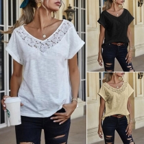 Fashion Solid Color Short Sleeve V-neck Lace Spliced T-shirt