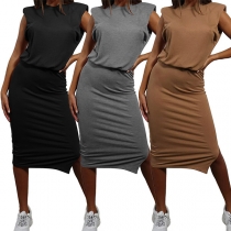 ashion Sleeveless Round Neck Slit Hem Solid Color High Waist Dress