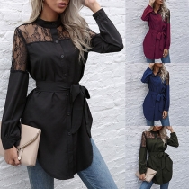 Sexy Lace Spliced Long Sleeve Round Neck Arc Hem Shirt