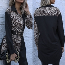 Fashion Leopard Spliced Long Sleeve POLO Collar Shirt