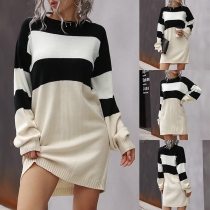Fashion Contrast Color Long Sleeve Round Neck Loose Knit Dress