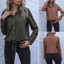 Fashion Solid Color Long Sleeve POLO Collar Lace-up Shirt