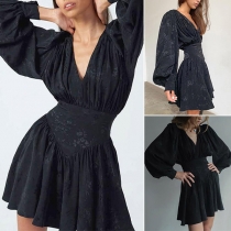 Sexy V-neck Lantern Sleeve High Waist Printed Dress