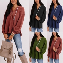 Fashion Solid Color Long Sleeve Hooded Loose T-shirt