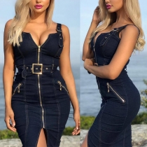 Sexy Backless Slit Hem Slim Fit Sling Denim Dress