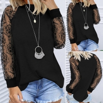 Fashion Lace Spliced Long Sleeve Round Neck Solid Color T-shirt