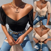 Sexy Off-shoulder V-neck Short Sleeve Solid Color Drawstring Crop Top