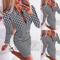Fashion Solid Color Long Sleeve Round Neck Houndstooth Dress