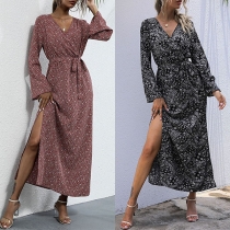 Bohemian Style Long Sleeve V-neck High Waist Printed Dress