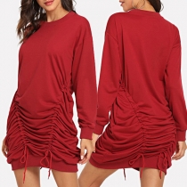 Fashion Solid Color Long Sleeve Round Neck Drawstring Dress