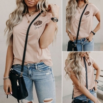 Fashion Leopard Spliced Lip Pattern Short Sleeve Round Neck T-shirt