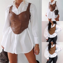 Sexy Backless V-neck Solid Color Sling PU Leather Crop Top