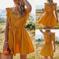 Sweet Style Solid Color Sleeveless Square Collar Ruffle Dress