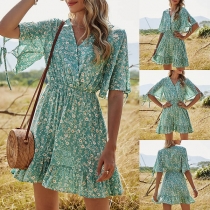 Bohemian Style Short Sleeve V-neck Ruffle Hem Printed Dress