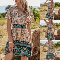 Bohemian Style Short Sleeve V-neck Printed Dress