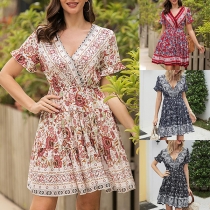 Bohemian Style Short Sleeve V-neck Printed Dress
