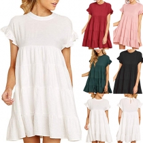 Fashion Solid Color Short Sleeve Round Neck Ruffle Hem Loose Dress