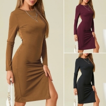 Fashion Solid Color Long Sleeve Round Neck Slit Hem Slim Fit Dress