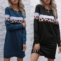 Fashion Leopard Printed Spliced Long Sleeve Round Neck T-shirt Dress