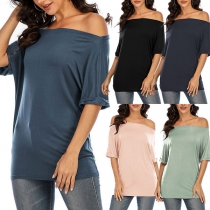 Fashion Solid Color Short Sleeve Boat Neck T-shirt