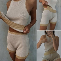 Fashion Contrast Color Sleeveless Knit Top + Shorts Two-piece Set