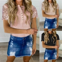 Fashion Lace Spliced Short Sleeve Round Neck T-shirt