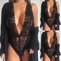 Sexy Deep V-neck Sleeveless See-through Lace One-piece Lingerie