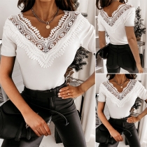 Fashion Solid Color Short Sleeve V-neck Lace Spliced T-shirt