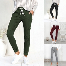 Casual Style Drawstring Waist Side-pocket Solid Color Pants