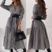 OL Style Long Sleeve POLO Collar High Waist Plaid Dress