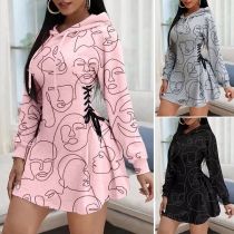 Fashion Long Sleeve Hooded Side Lace-up Printed Dress