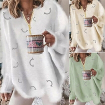 Fashion Long Sleeve Zipper V-neck Loose Knit Top