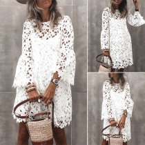 Sexy Trumpet Sleeve Round Neck Hollow Out Lace Dress