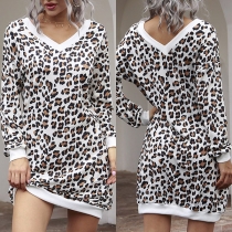 Fashion Long Sleeve V-neck Leopard Printed Sweatshirt Dress