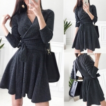 Fashion Solid Color Long Sleeve V-neck High Waist Knit Dress