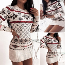 Fashion Long Sleeve Round Neck Slim Fit Printed Knit Dress