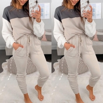 Fashion Contrast Color Long Sleeve Round Neck Top + Pants Two-piece Set