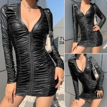 Sexy Deep V-neck Long Sleeve Slim Fit Wrinkled Dress