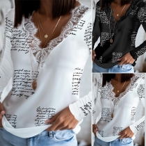 Fashion Lace Spliced V-neck Long Sleeve Letters Printed T-shirt