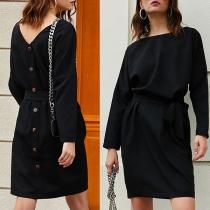Fashion Solid Color Long Sleeve Back-button Dress
