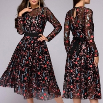 Sexy Long Sleeve Round Neck High Waist Printed Dress