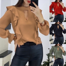 Fashion Solid Color Long Sleeve Round Neck Ruffle Top