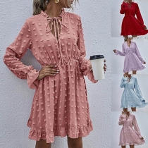 Sweet Style Long Sleeve High Waist Ruffle Hem Dress