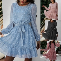 Sweet Style Long Sleeve Round Neck Ruffle Hem Printed Dress