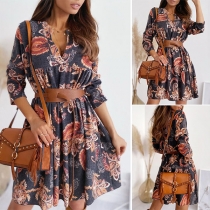 Bohemian Style Half Sleeve V-neck Printed Dress(Not with Belt)