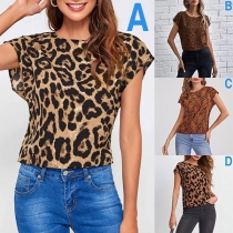 Sexy Backless Short Sleeve Round Neck Slit Hem Printed Top