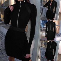 Fashion Solid Color Long Sleeve Stand Collar Slim Fit Dress